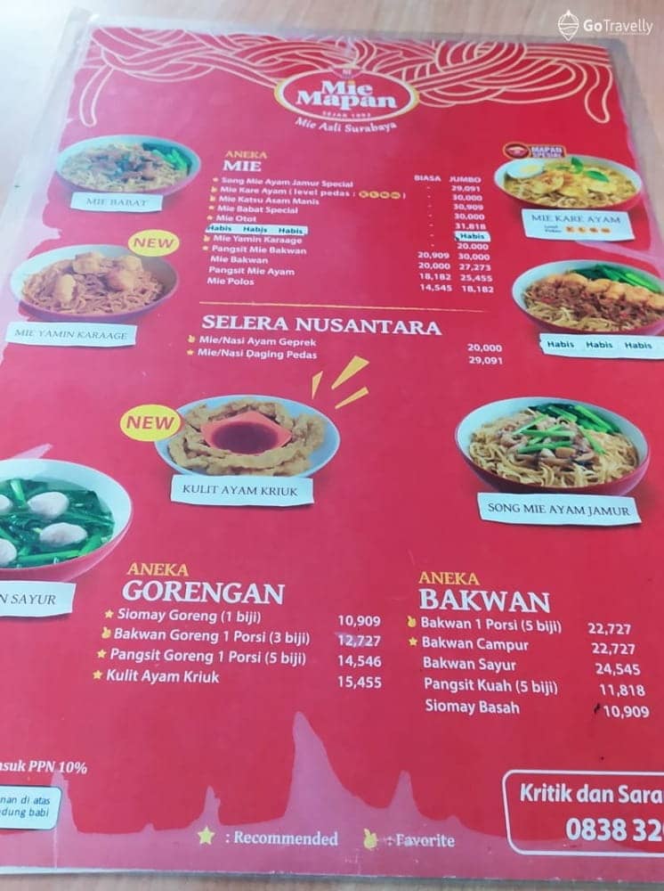 Menu makanan di  Mie Mapan Surabaya