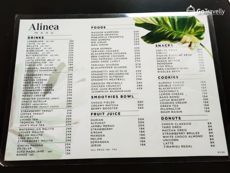 menu di Alinea 1.0 Kediri