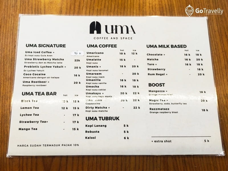 menu UMA Coffee & Space Malang