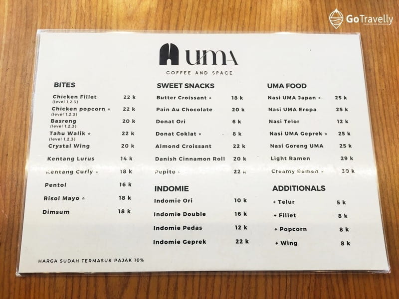menu minuman UMA Coffee & Space Malang