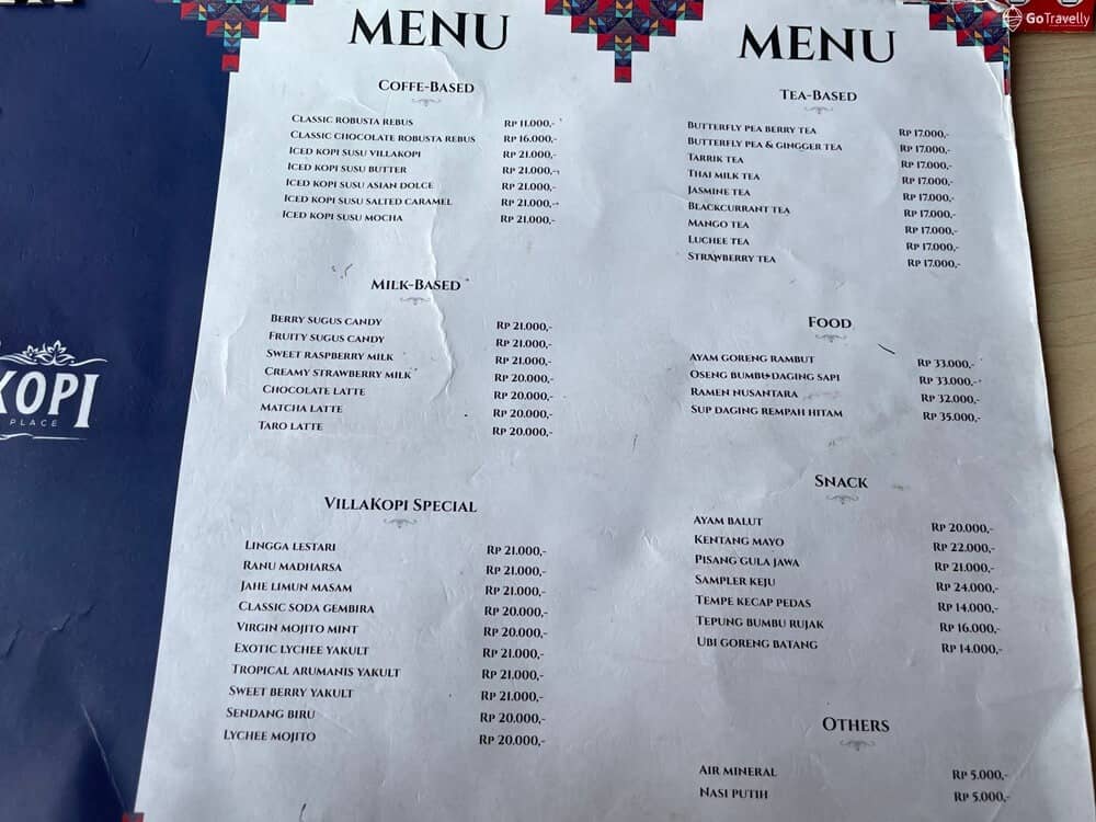 menu Villa Kopi Prigen